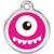 Circular pink monster-themed pet tag with a black eye and white teeth on a white background